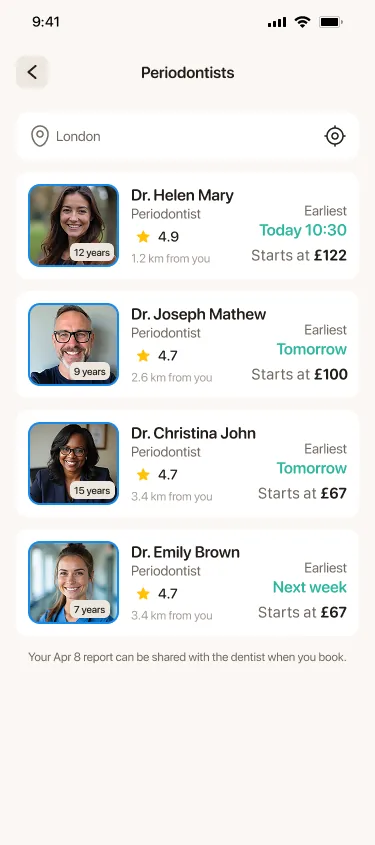 Patient app: a list of nearby practices with fees and next available slots