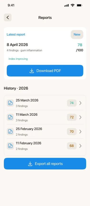 Practice app: a patient's dated scan history and report